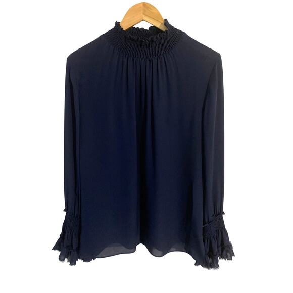Kobi Halperin blouse women’s size M navy blue 100% silk smocked luxury career - Picture 1 of 4